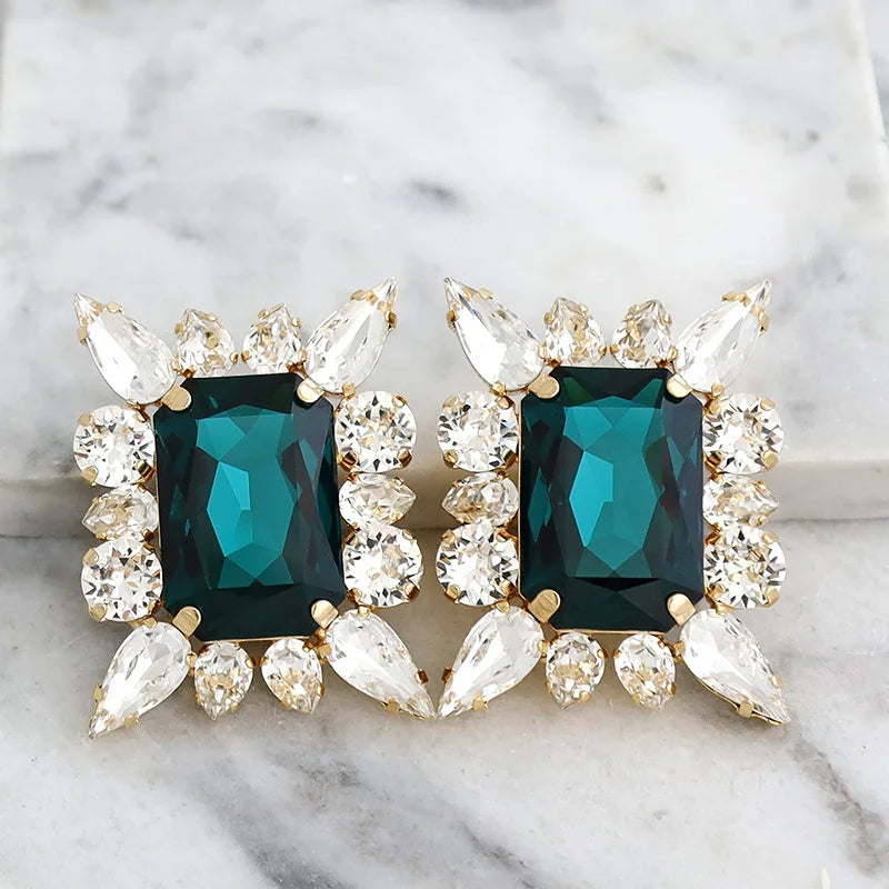 Vintage Big Green Square Rhinestone Geometric Stud Earrings Wedding Jewelry for Women Crystal Bridal Banquet Drop Earrings Gift