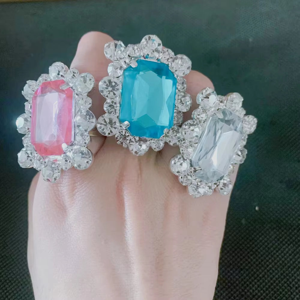 Mystic Big Square Crystal Stone Bridal Open Finger Rings Wedding Jewelry for Women Rhinestone Big Geometric Rings Accessories