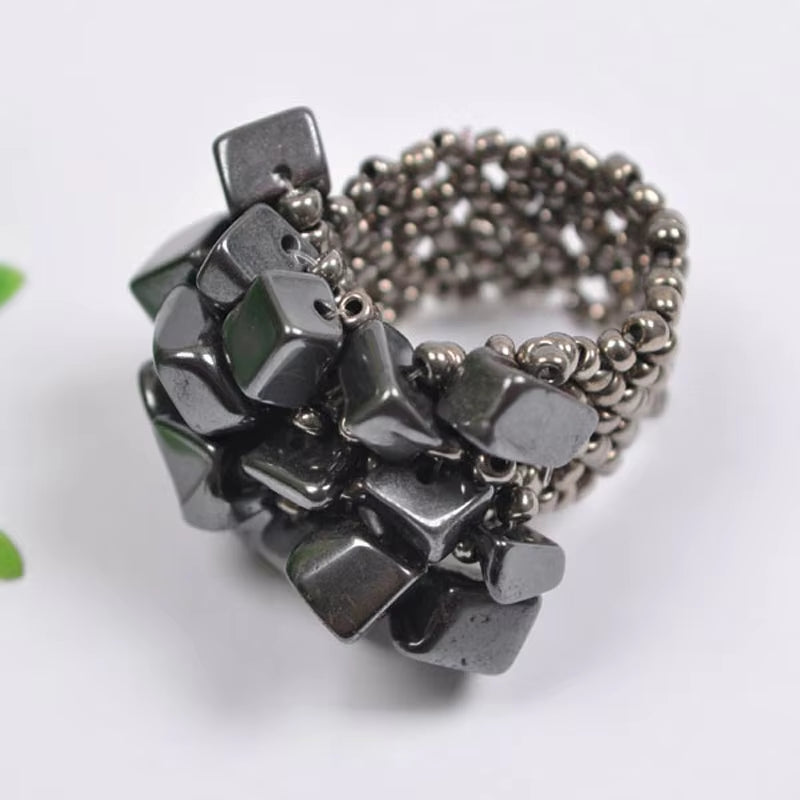 Elastic Black Hematite Bead Finger Ring Stretch Size 8-9 Jewelry for Woman Gift X017