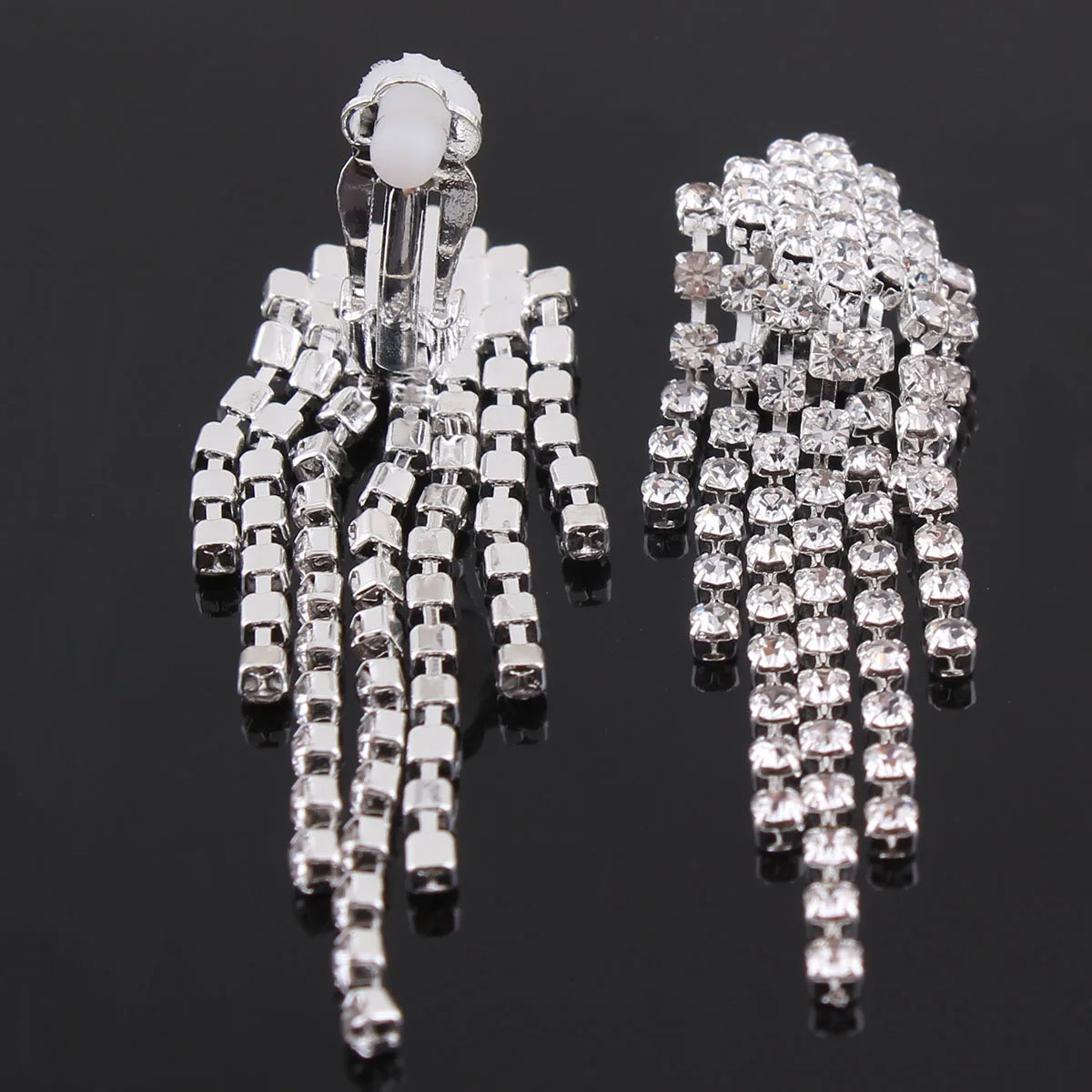 Bridal Silver Plated Crystal Rhinestone Long Tassel Clip on Earring for Women Party Fine Jewelry No Hole Earrings