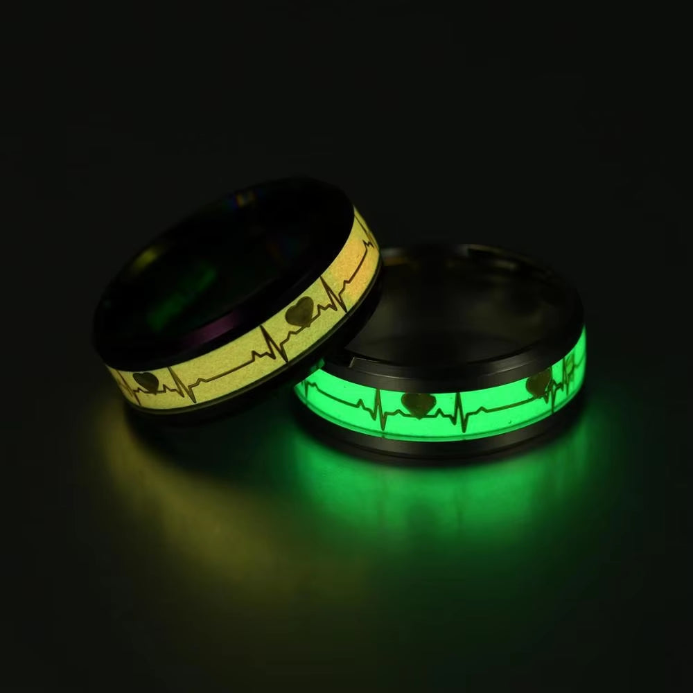 Women'S Rings Luminous Mood ECG Ring Temperament Men'S Ring Carbon Fiber Couple Wedding Rings Valentine'S Day Gift