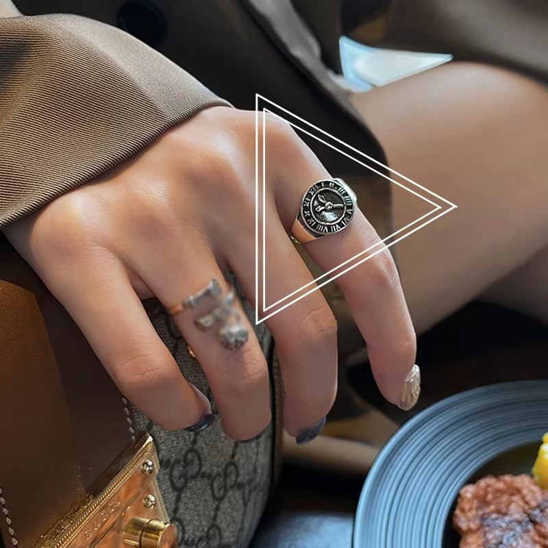 Silver Color Fashion Personality Retro Geometric Pendant Ring Woman Creative Clock Trend Index Finger Ring Punk Jewelry