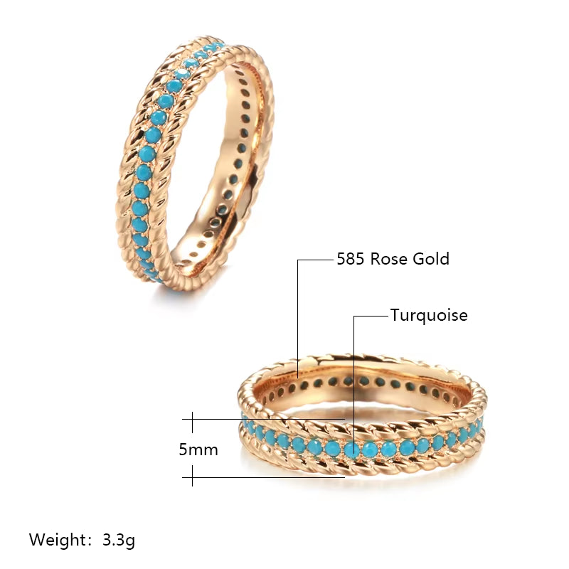 New 585 Rose Gold Full Circle Ring Luxury Stackable Turquoise Finger Ring for Women Fine Daily Vintage Jewelry