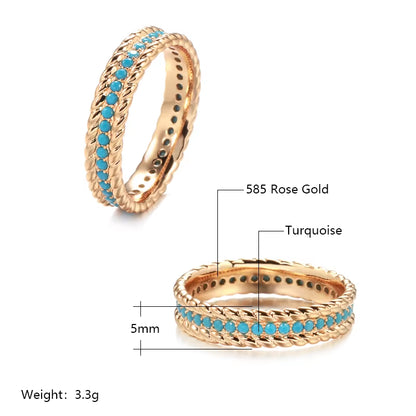 New 585 Rose Gold Full Circle Ring Luxury Stackable Turquoise Finger Ring for Women Fine Daily Vintage Jewelry