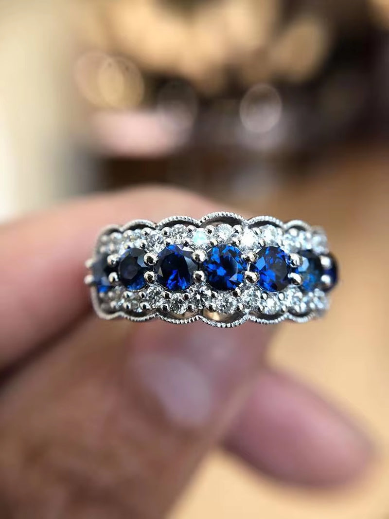 Hot Sale Blue Stone Ring Crystal round Zircon Finger Ring Cute Wedding Jewelry Love Engagement Ring for Women Ladies